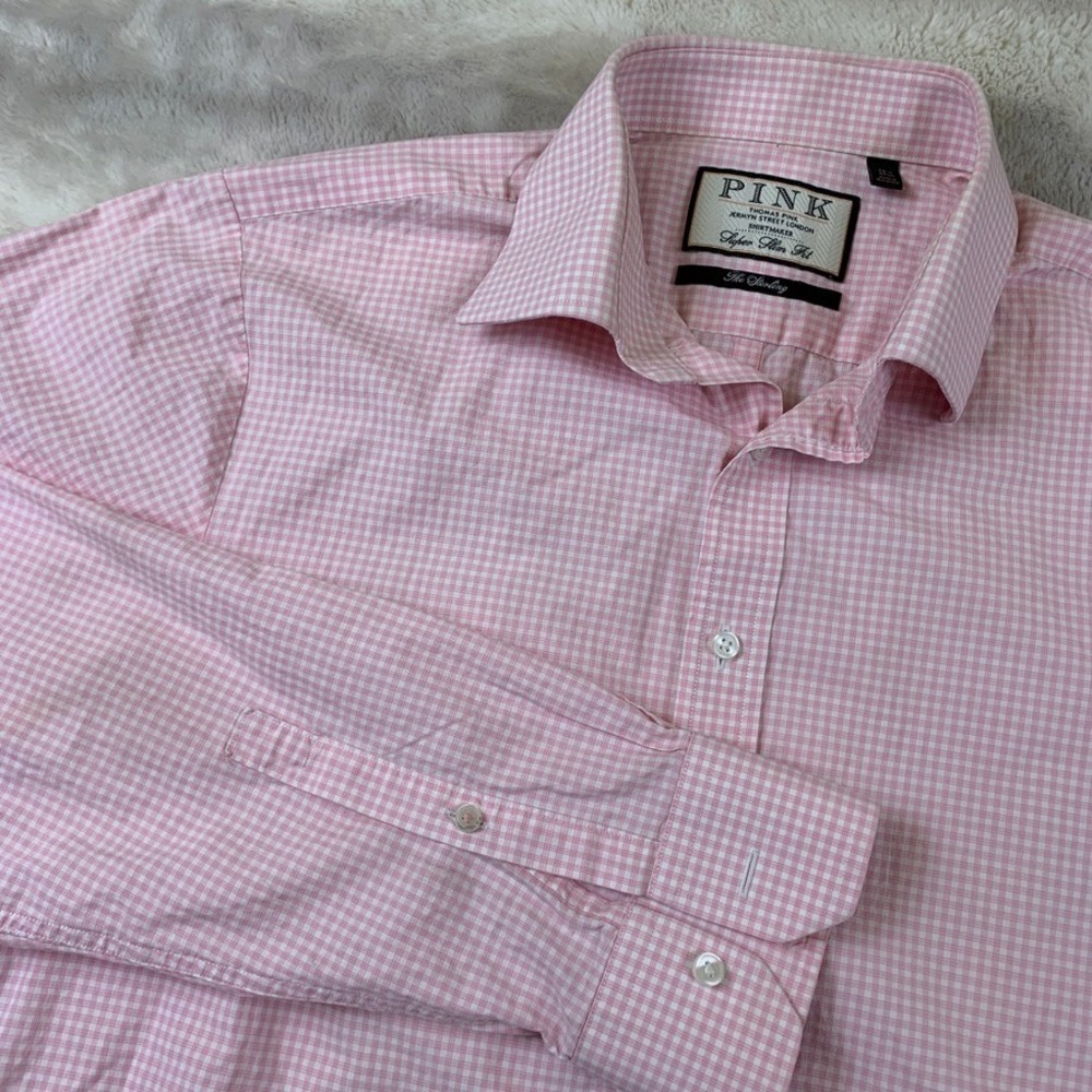Thomas Pink Sterling Dress Shirt Mens 15.5 39 Pink Gingham Super Slim Fit Jermyn